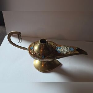 Vtg Solid Brass Genie Style Aladin Oil Incense Burning Lamp Painted, No Lid